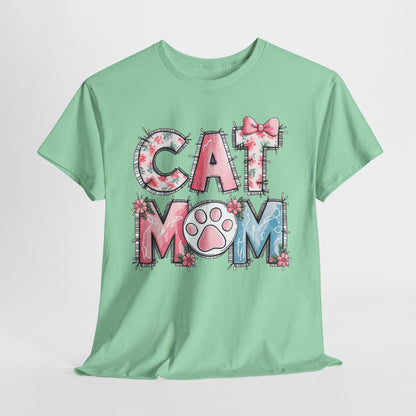 Cat Mom Unisex Heavy Cotton Tee - Cute Floral Design