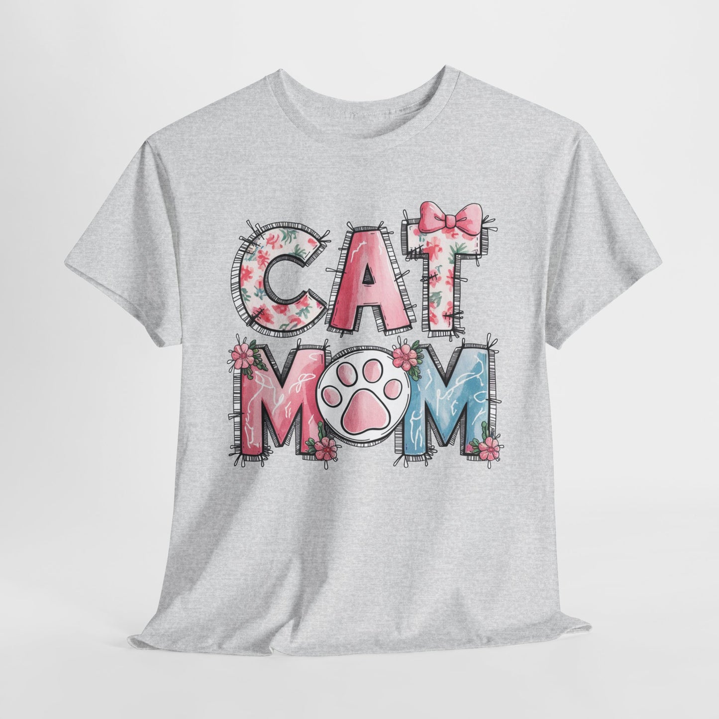 Cat Mom Unisex Heavy Cotton Tee - Cute Floral Design