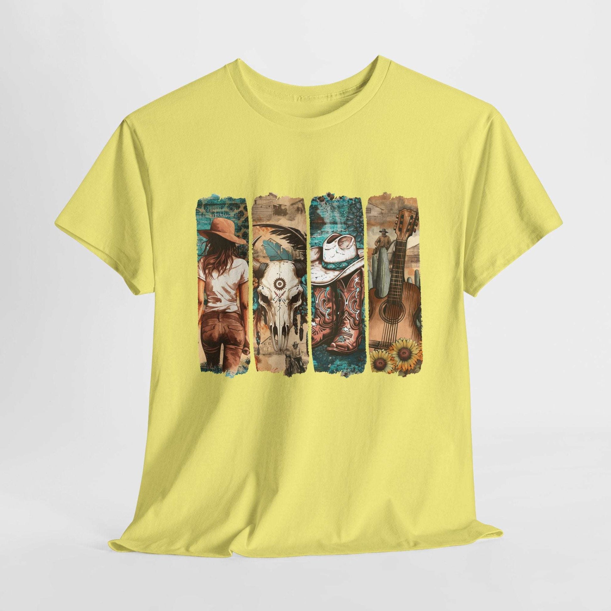 Western Vibes Unisex Heavy Cotton Tee Cowboy and Guitar Design