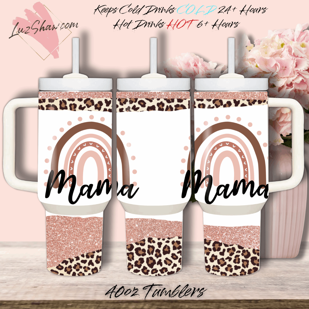 Mama Earthtones Design 40oz Stainless Steel Custom Sublimation Print Double Wall Vacuum Insulated Tumbler