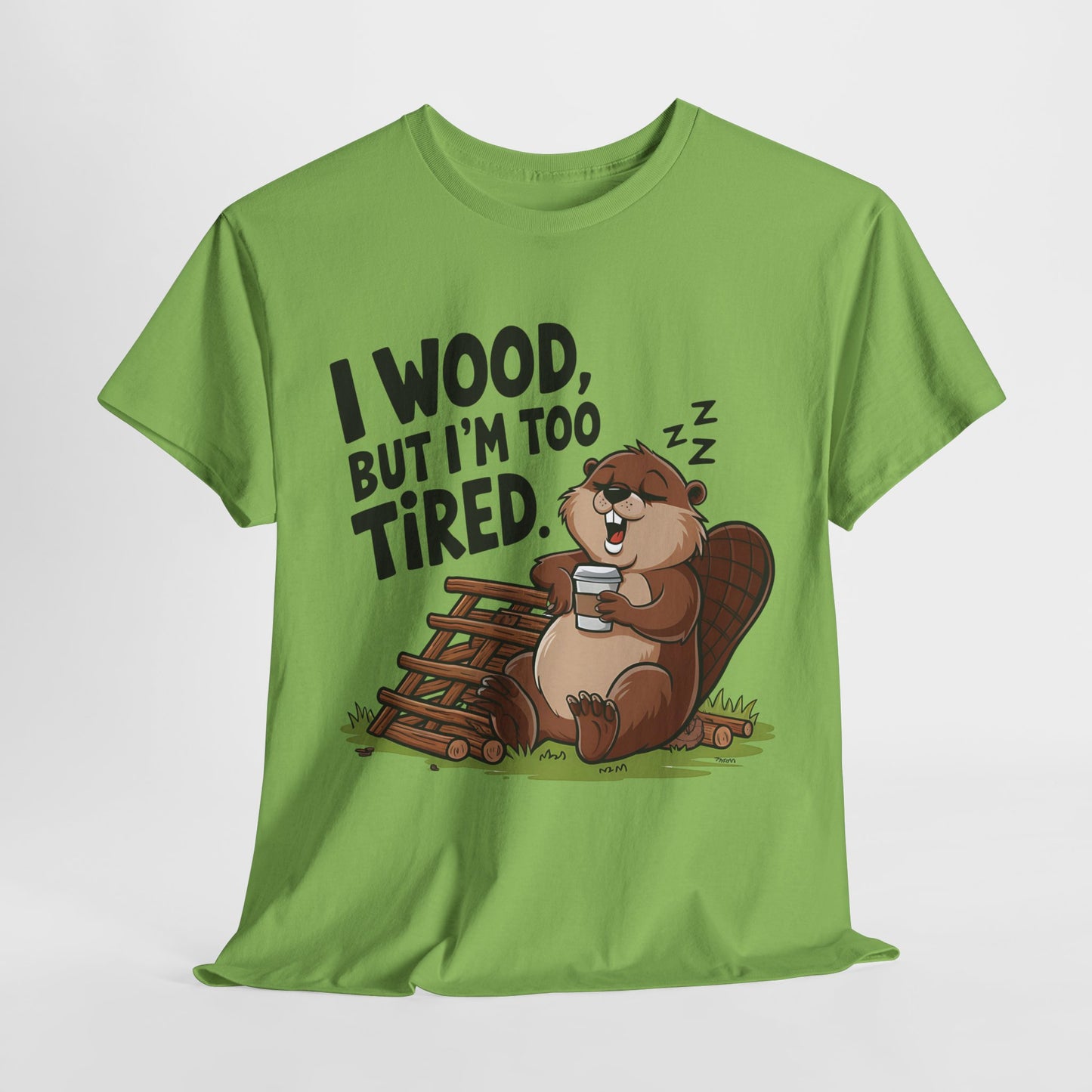Funny Unisex Heavy Cotton Tee - 'I Wood, But I’m Too Tired' Bear Design