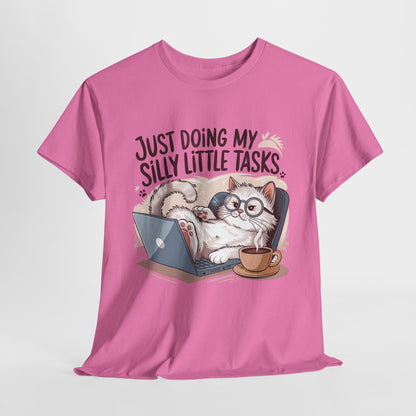 Cute Cat-Themed Unisex Heavy Cotton Tee - "Just Doing My Silly Little Tasks"