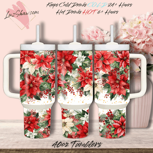 Red White Poinsettia Design 40oz Stainless Steel Custom Sublimation Print Double Wall Vacuum Insulated Tumbler