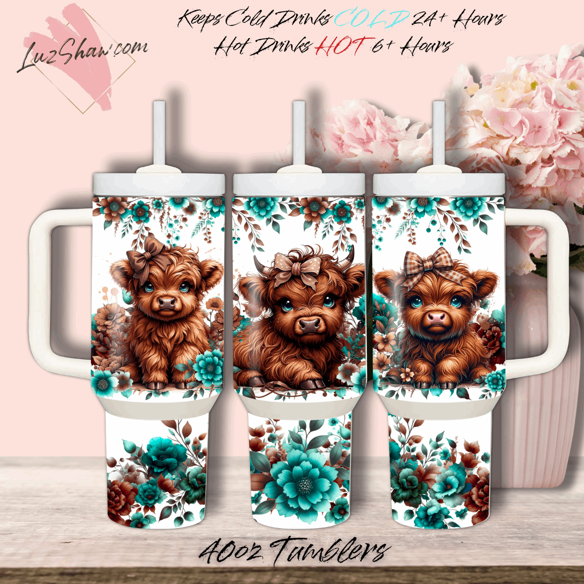 Highland Cow Turquoise Flowers 40oz Stainless Steel Custom Sublimation Print Double Wall Vacuum Insulated Tumbler