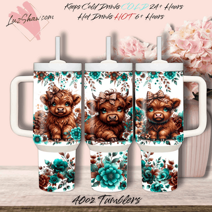 Highland Cow Turquoise Flowers 40oz Stainless Steel Custom Sublimation Print Double Wall Vacuum Insulated Tumbler