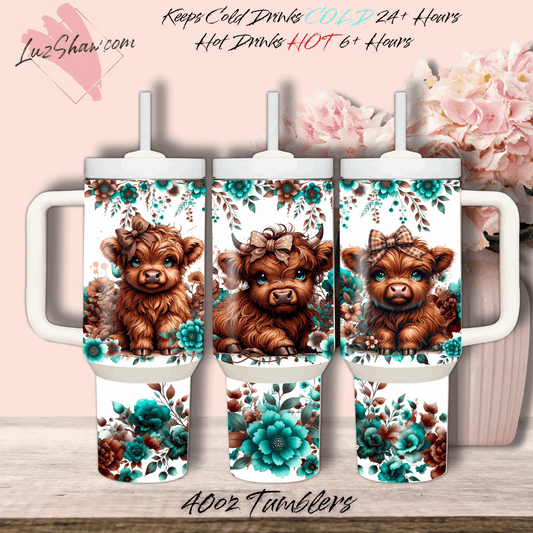 Highland Cow Turquoise Flowers 40oz Stainless Steel Custom Sublimation Print Double Wall Vacuum Insulated Tumbler