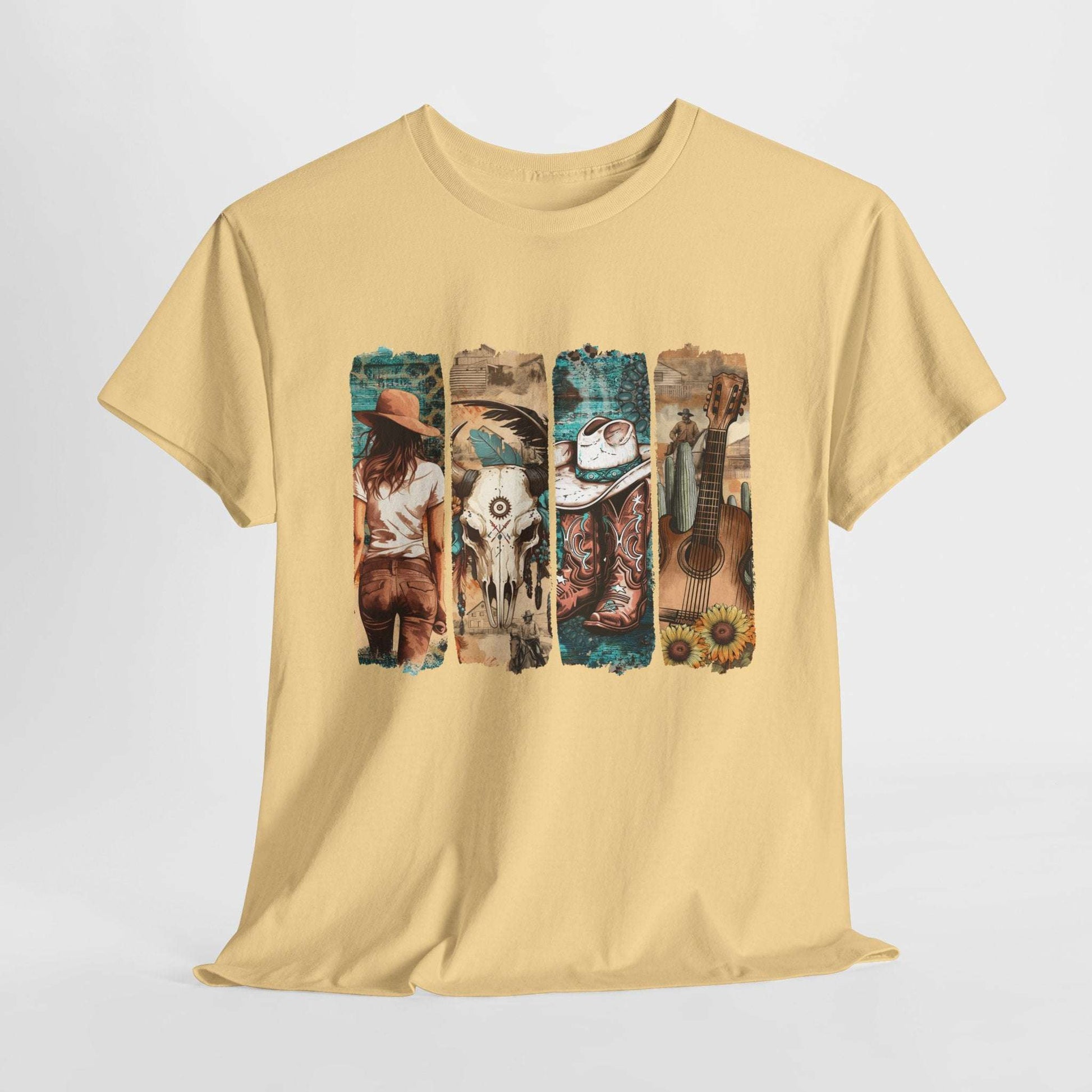 Western Vibes Unisex Heavy Cotton Tee Cowboy and Guitar Design