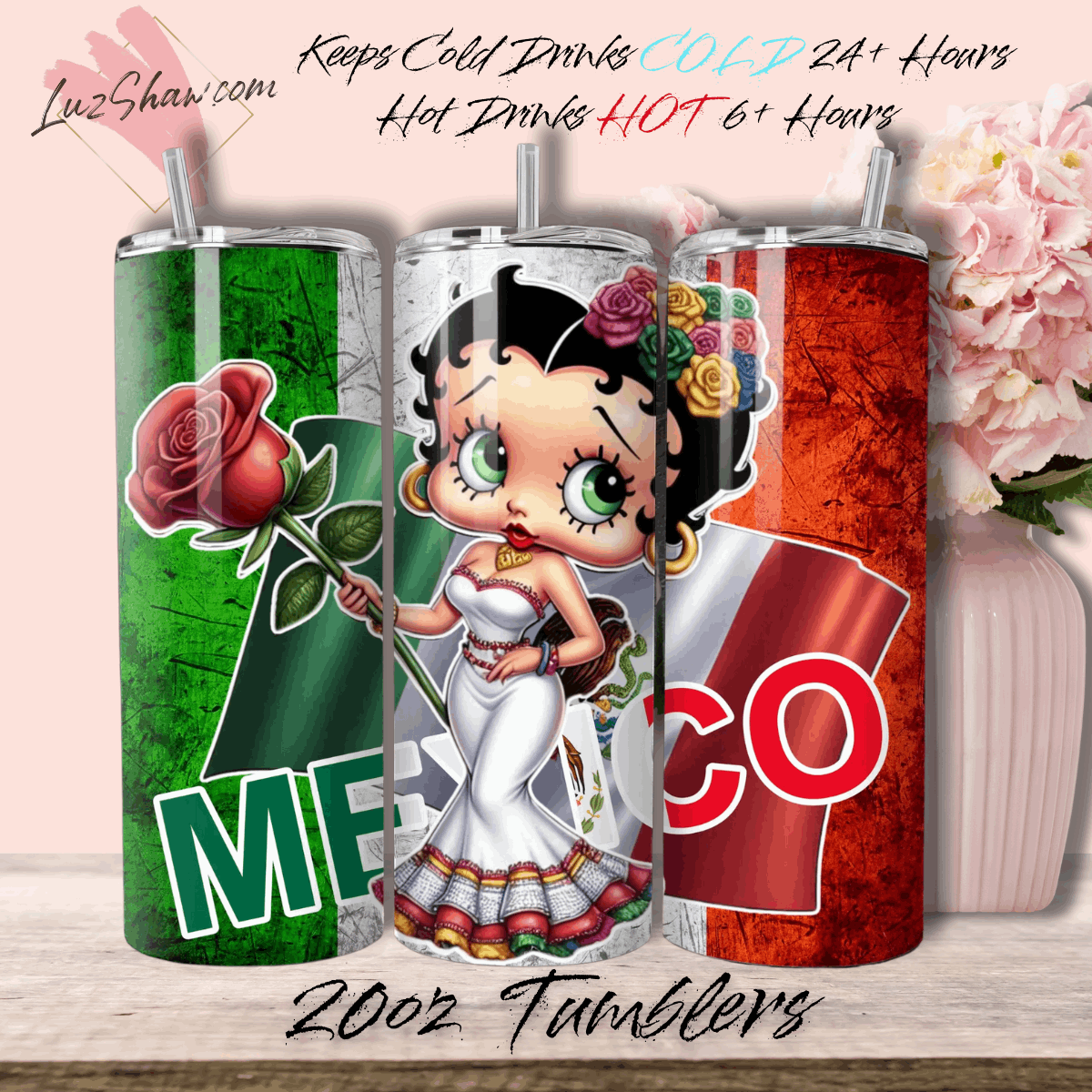 Mexico Betty Design 7 Options, 20oz Stainless Steel Custom Sublimation Print Double Wall Vacuum Insulated Tumbler