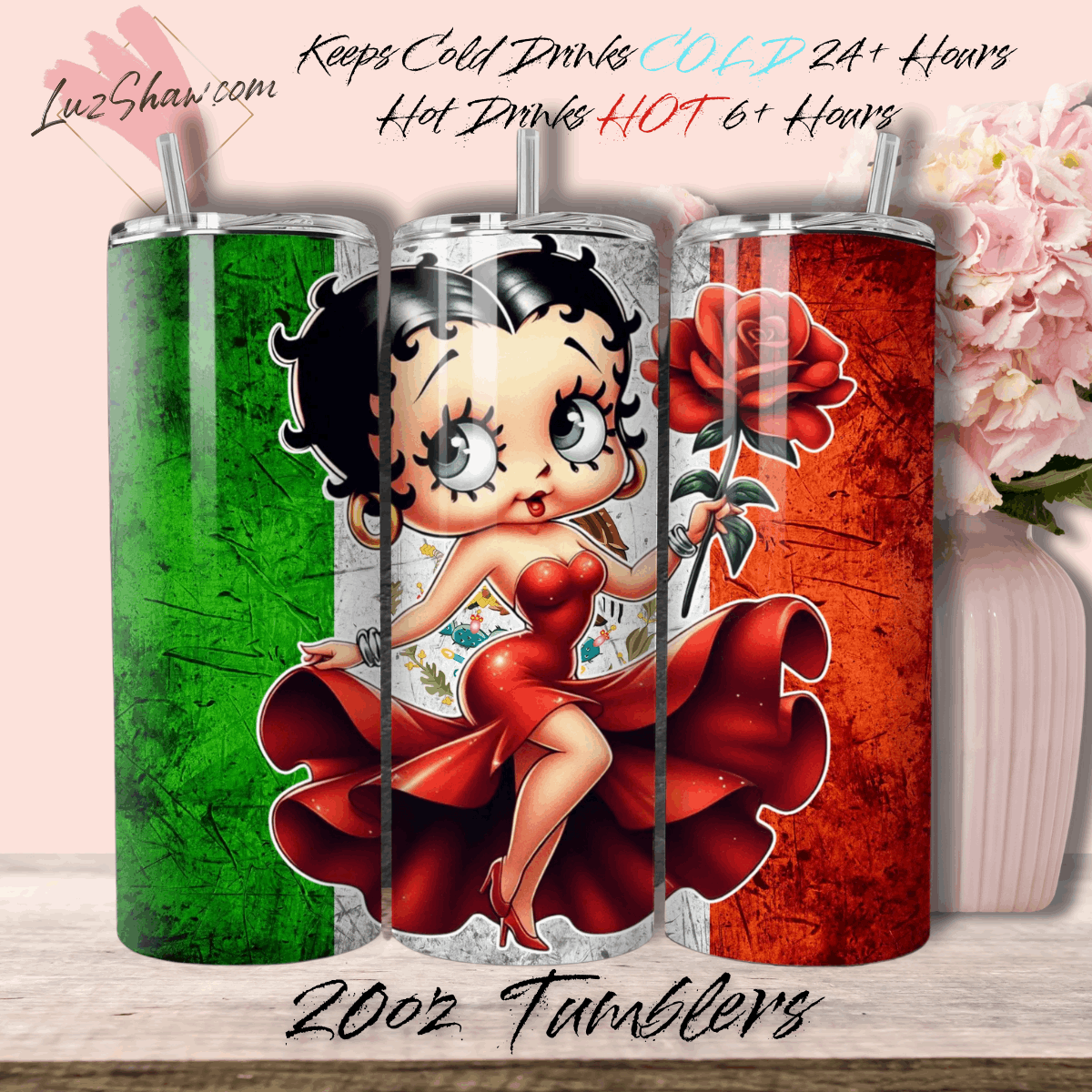 Mexico Betty Design 7 Options, 20oz Stainless Steel Custom Sublimation Print Double Wall Vacuum Insulated Tumbler