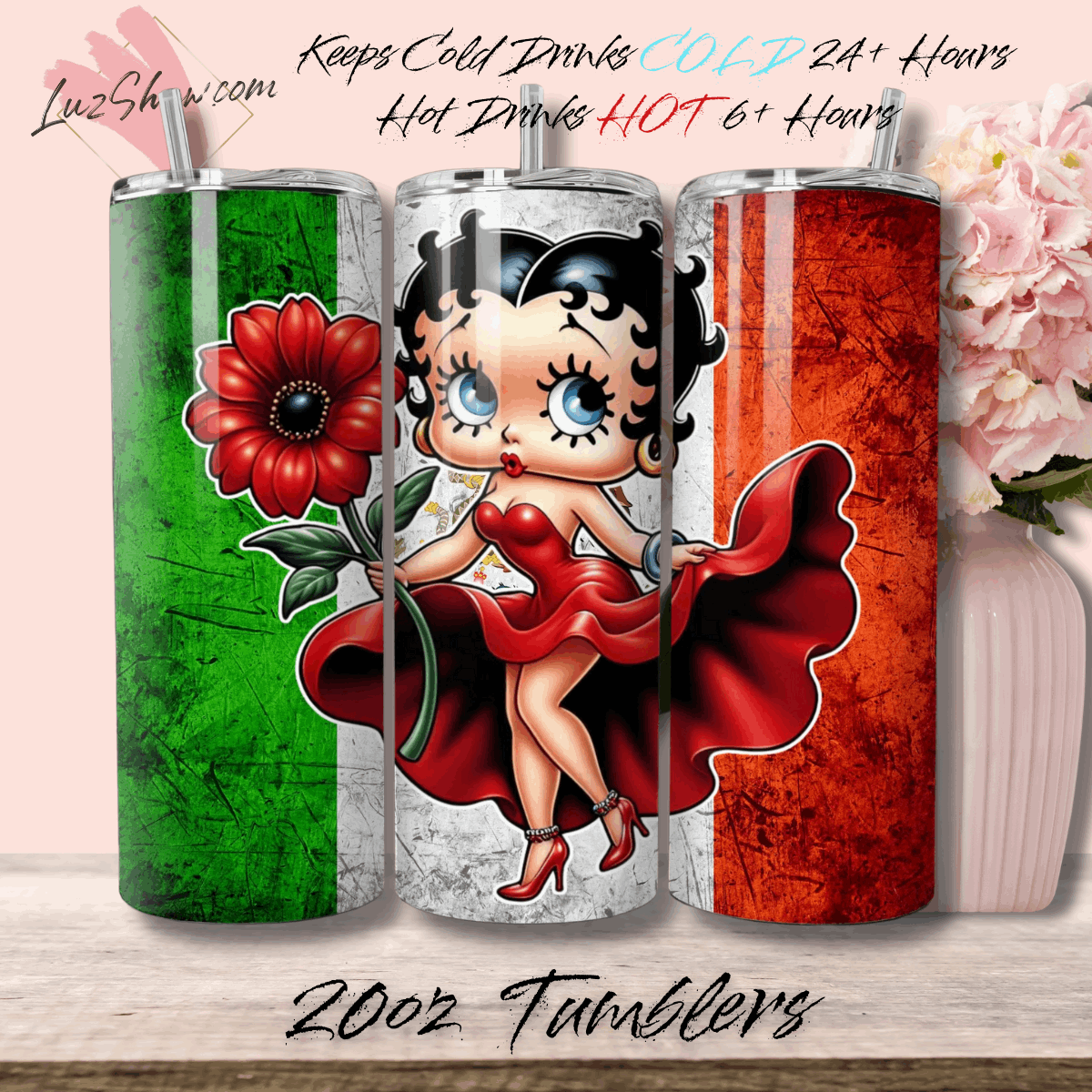 Mexico Betty Design 7 Options, 20oz Stainless Steel Custom Sublimation Print Double Wall Vacuum Insulated Tumbler