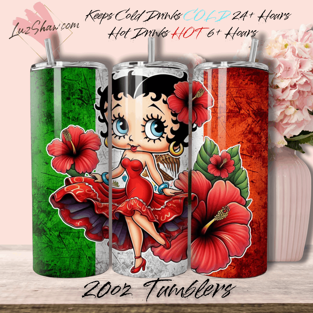 Mexico Betty Design 7 Options, 20oz Stainless Steel Custom Sublimation Print Double Wall Vacuum Insulated Tumbler