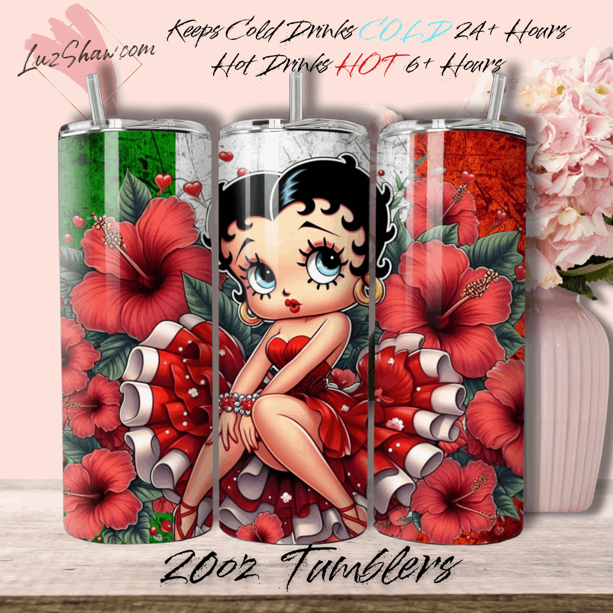Mexico Betty Design 7 Options, 20oz Stainless Steel Custom Sublimation Print Double Wall Vacuum Insulated Tumbler
