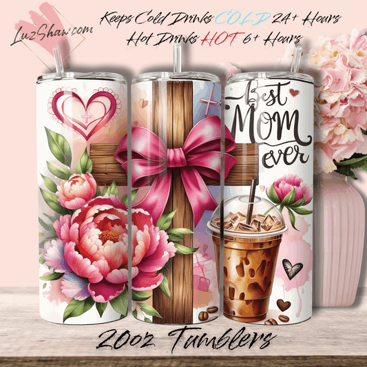 Best Mom Ever Peony Flower Cross 20oz Stainless Steel Custom Sublimation Print Double Wall Vacuum Insulated Tumbler
