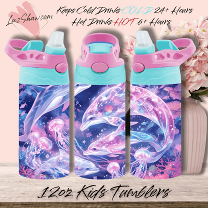 Pink and Blue Dolphins 12oz Stainless Steel Custom Sublimation Print Double Wall Vacuum Insulated Tumbler