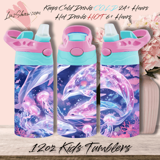 Pink and Blue Dolphins 12oz Stainless Steel Custom Sublimation Print Double Wall Vacuum Insulated Tumbler