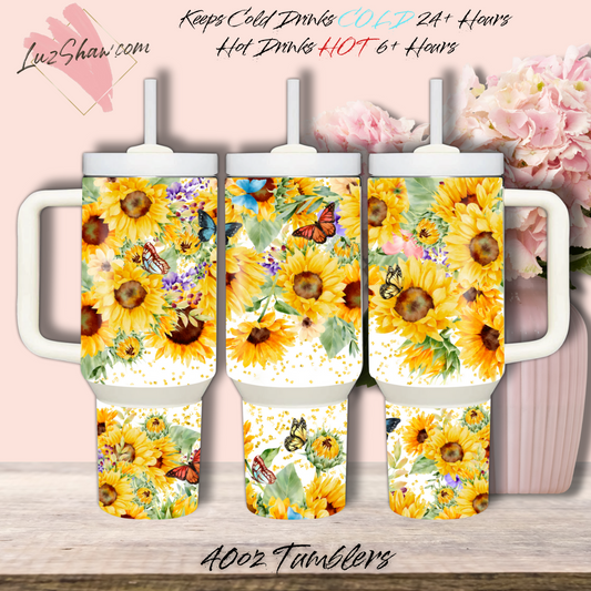 Yellow Flowers and Butterflies 40oz Stainless Steel Custom Sublimation Print Double Wall Vacuum Insulated Tumbler