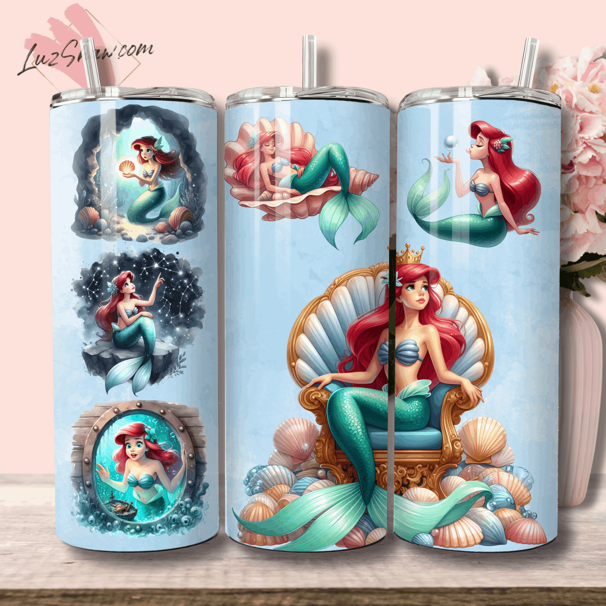 Red Haired Ocean Princess 20oz Stainless Steel Custom Sublimation Print Tumbler Double Wall Vacuum Insulated 7 Princess Ariel Design choices