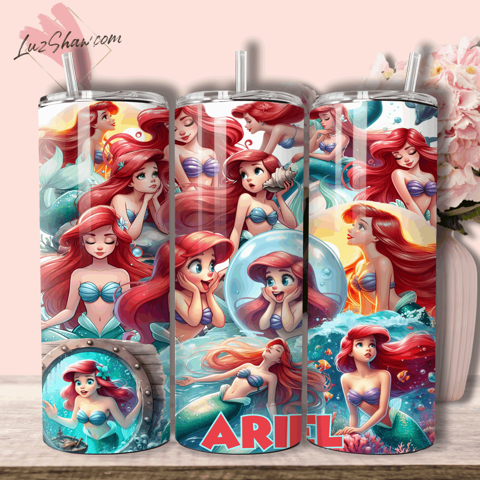 Red Haired Ocean Princess 20oz Stainless Steel Custom Sublimation Print Tumbler Double Wall Vacuum Insulated 7 Princess Ariel Design choices