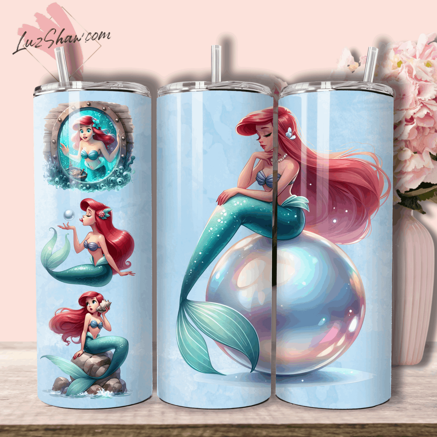 Red Haired Ocean Princess 20oz Stainless Steel Custom Sublimation Print Tumbler Double Wall Vacuum Insulated 7 Princess Ariel Design choices