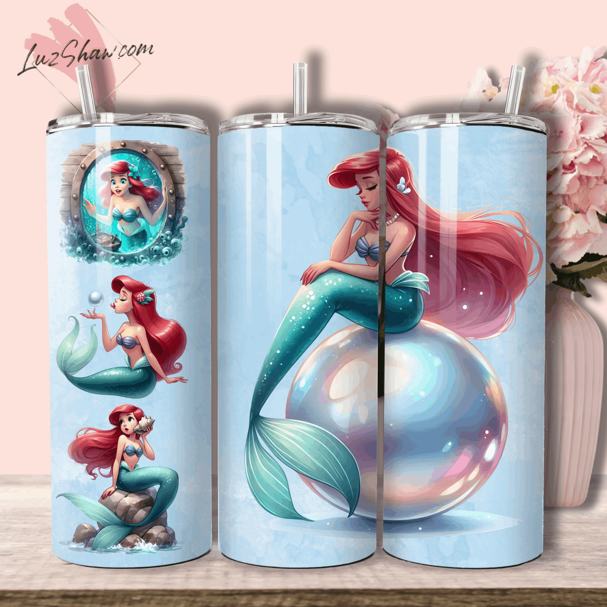 Red Haired Ocean Princess 20oz Stainless Steel Custom Sublimation Print Tumbler Double Wall Vacuum Insulated 7 Princess Ariel Design choices