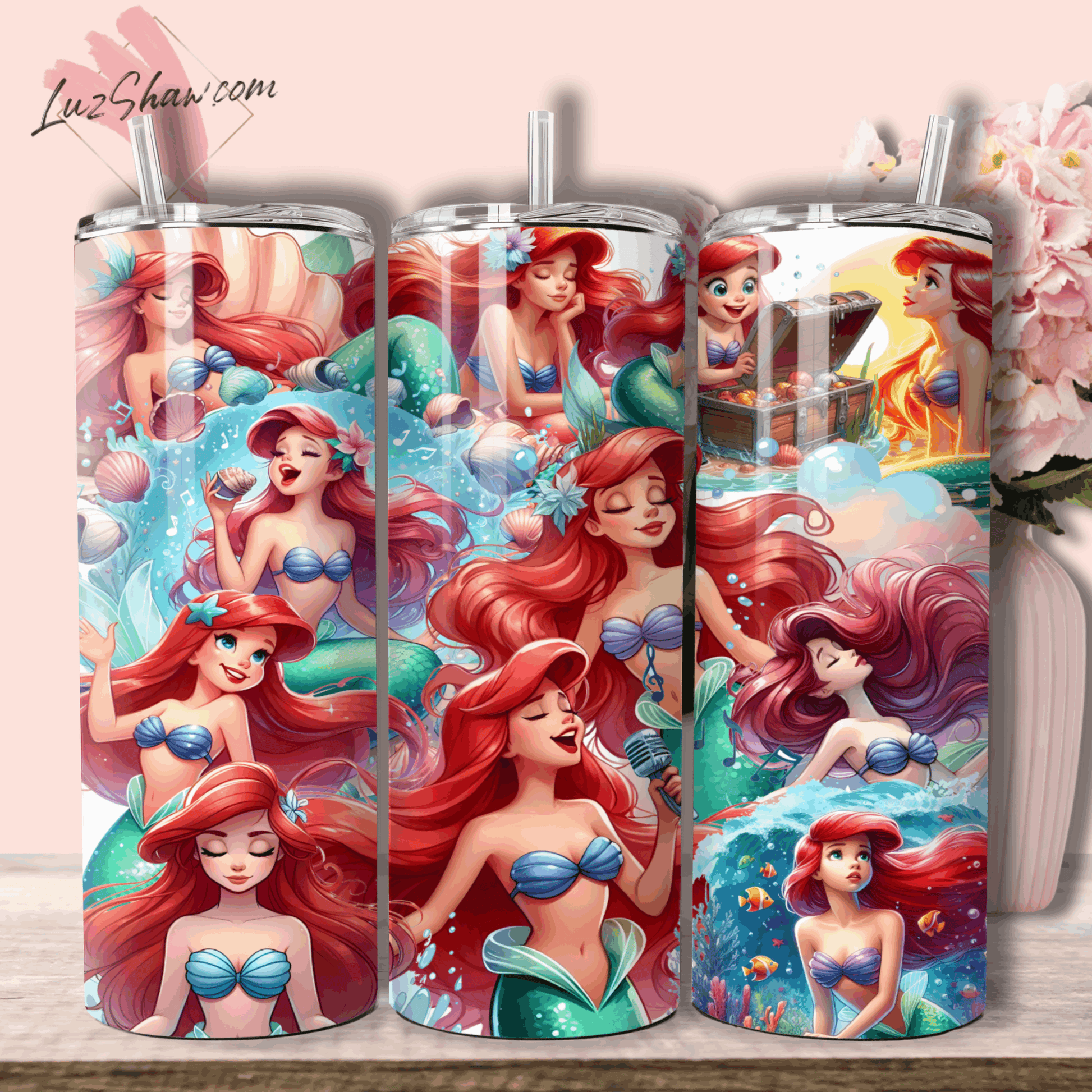 Red Haired Ocean Princess 20oz Stainless Steel Custom Sublimation Print Tumbler Double Wall Vacuum Insulated 7 Princess Ariel Design choices
