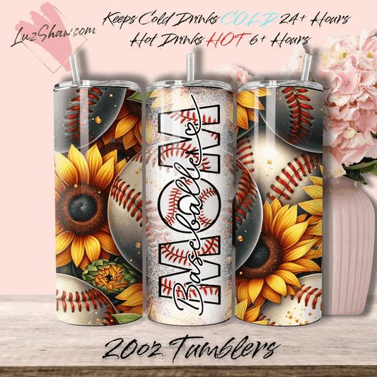 Baseball Mom Sunflowers Design 20oz Stainless Steel Custom Sublimation Print Double Wall Vacuum Insulated Tumbler