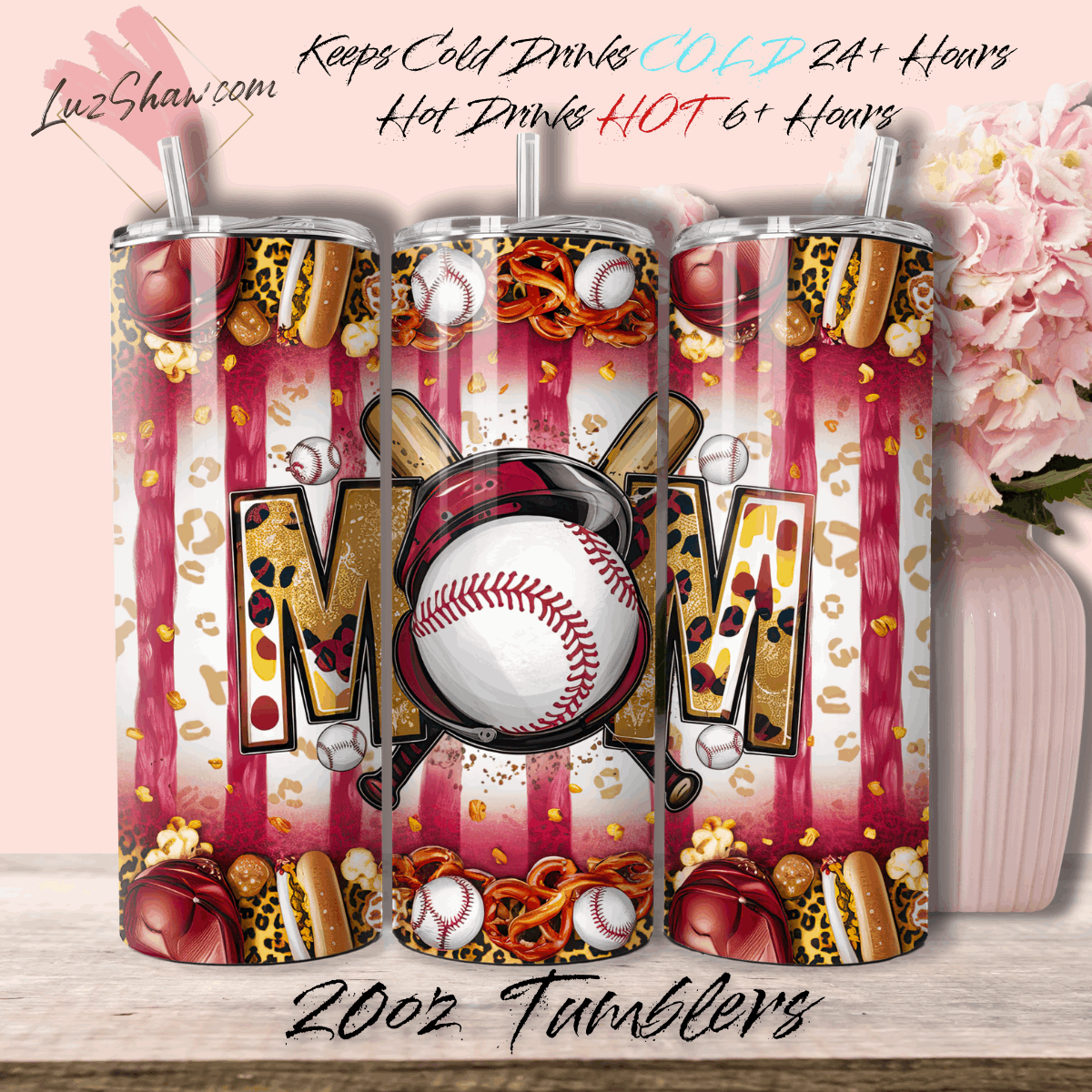 Baseball Mom Ballpark Red 20oz Stainless Steel Custom Sublimation Print Double Wall Vacuum Insulated Tumbler