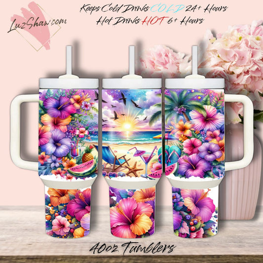 Vaso de acero inoxidable de 40 oz con aislamiento al vacío de doble pared con impresión por sublimación personalizada y diseño de hibisco Beach Sunrise