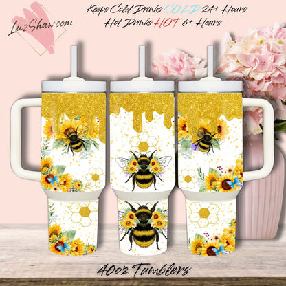 Bees Sunflowers Dripping Honey Design 40oz Stainless Steel Custom Sublimation Print Double Wall Vacuum Insulated Tumbler