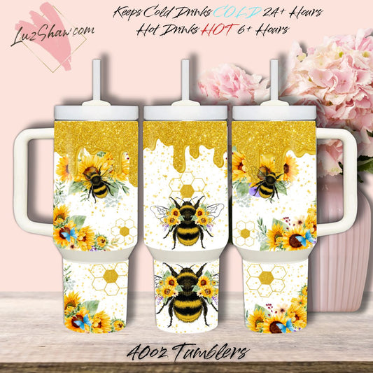 Bees Sunflowers Dripping Honey Design 40oz Stainless Steel Custom Sublimation Print Double Wall Vacuum Insulated Tumbler