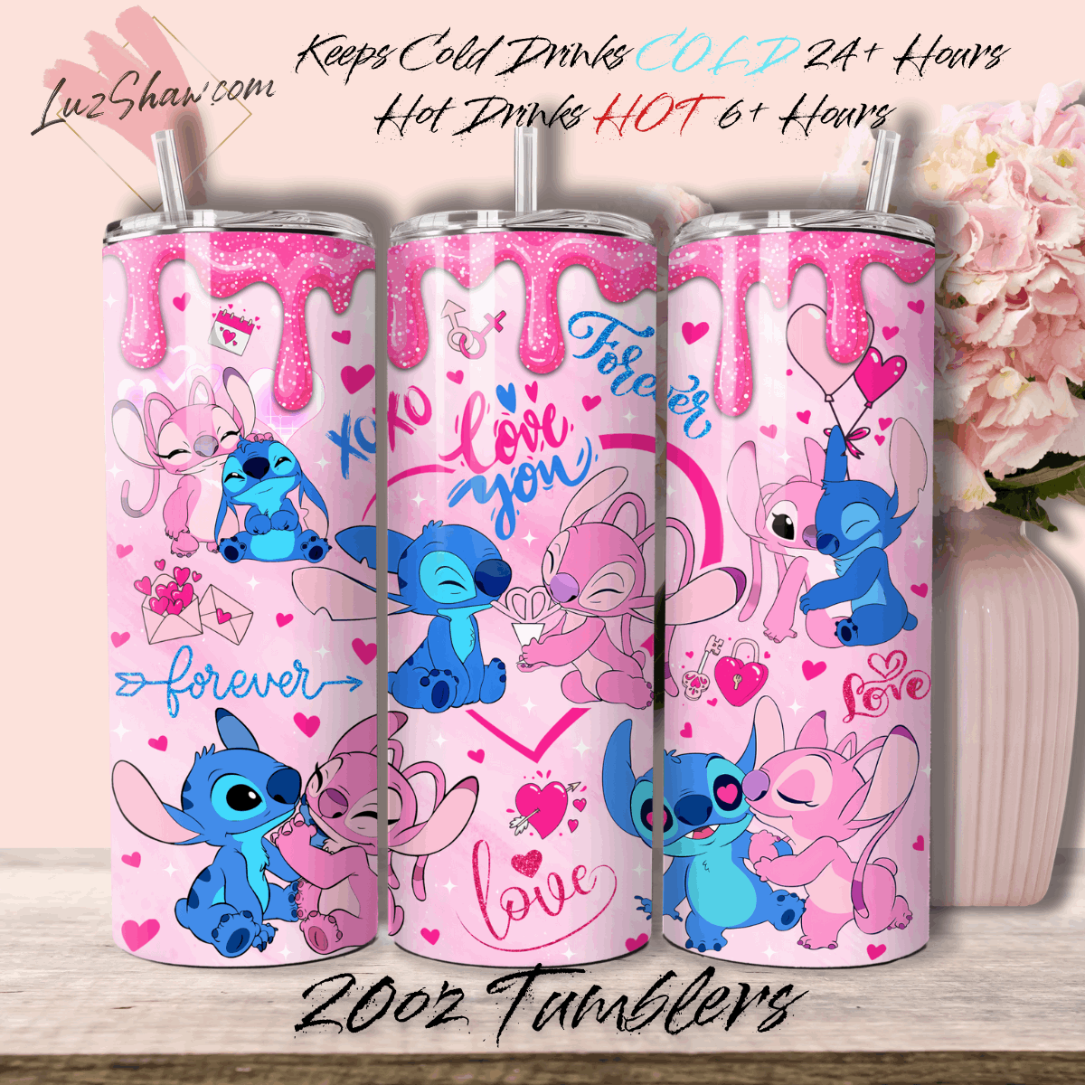 Cartoon Characters in Love Stitch 20oz Stainless Steel Custom Sublimation Print Double Wall Vacuum Insulated Tumbler