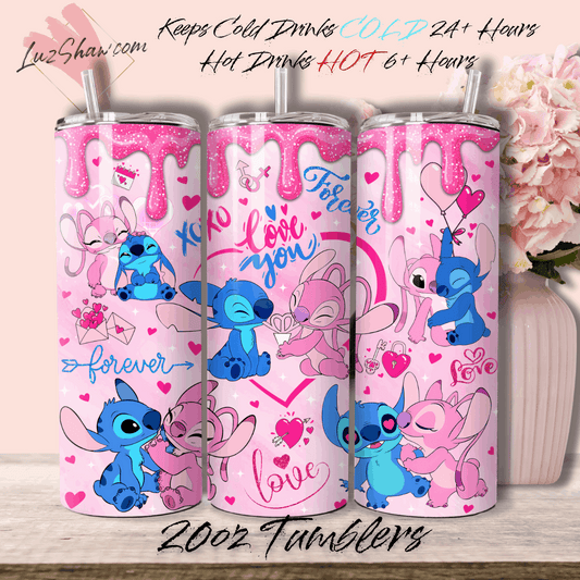 Cartoon Characters in Love Stitch 20oz Stainless Steel Custom Sublimation Print Double Wall Vacuum Insulated Tumbler