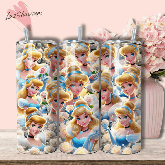 Blonde Princess and Roses oz Stainless Steel Custom Sublimation Print Tumbler Double Wall Vacuum Insulated Princess Design