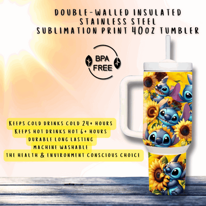 40oz Stainless Steel Custom Sublimation Print Tumbler Double Wall Insulation Vacuum Sealed Stitch Sunflowers Design