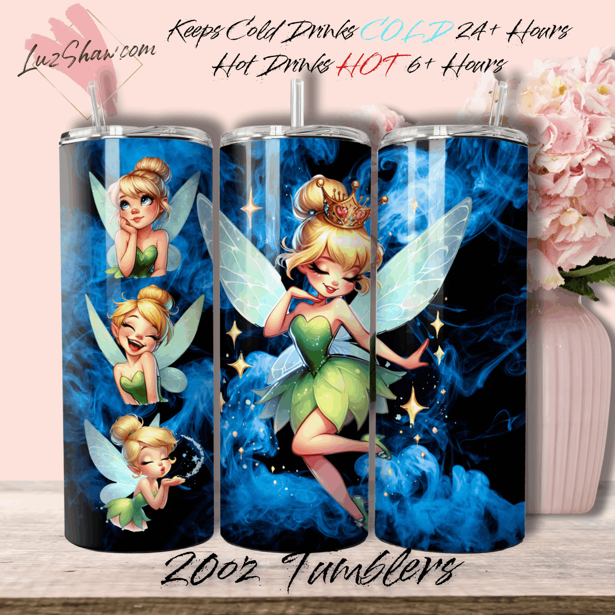 Fairies Designs, 6 Color Options 20oz Stainless Steel Custom Sublimation Print Double Wall Vacuum Insulated Tumbler