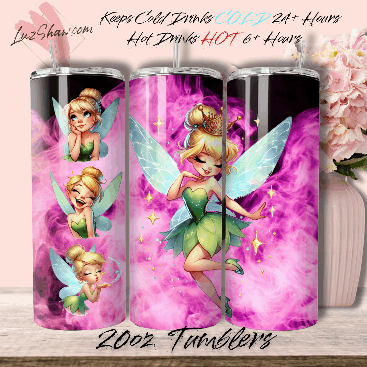 Fairies Designs, 6 Color Options 20oz Stainless Steel Custom Sublimation Print Double Wall Vacuum Insulated Tumbler