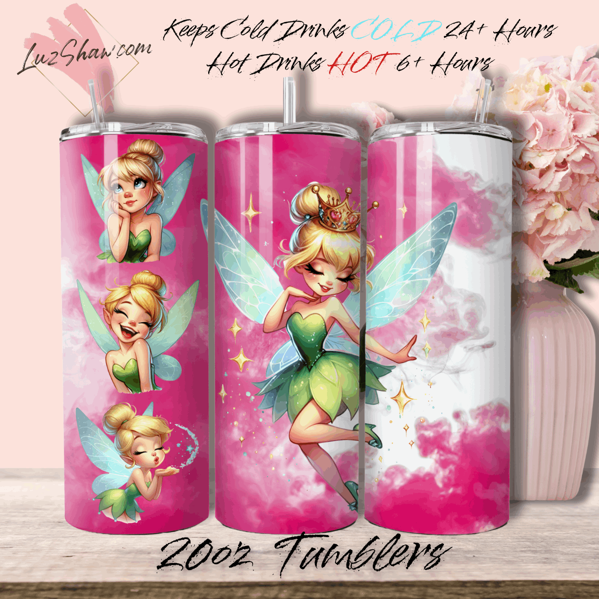 Fairies Designs, 6 Color Options 20oz Stainless Steel Custom Sublimation Print Double Wall Vacuum Insulated Tumbler