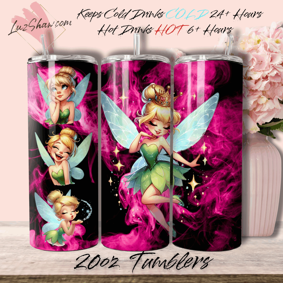 Fairies Designs, 6 Color Options 20oz Stainless Steel Custom Sublimation Print Double Wall Vacuum Insulated Tumbler