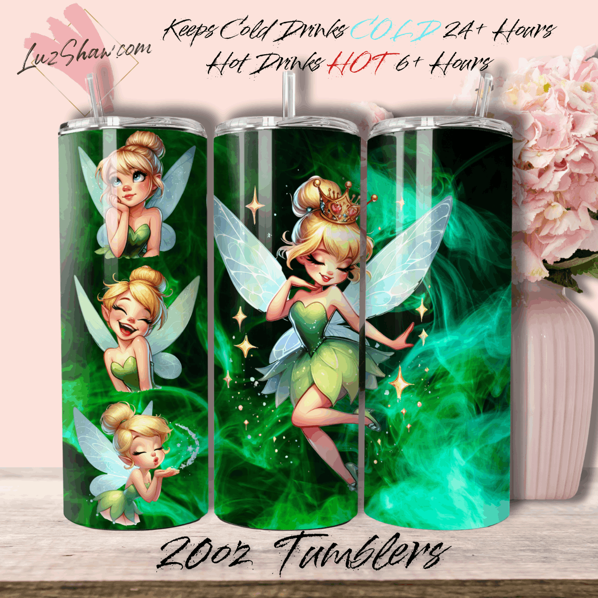 Fairies Designs, 6 Color Options 20oz Stainless Steel Custom Sublimation Print Double Wall Vacuum Insulated Tumbler