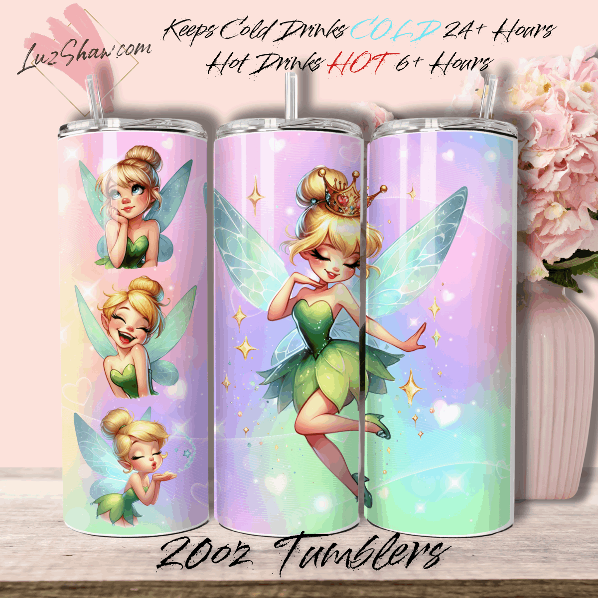 Fairies Designs, 6 Color Options 20oz Stainless Steel Custom Sublimation Print Double Wall Vacuum Insulated Tumbler