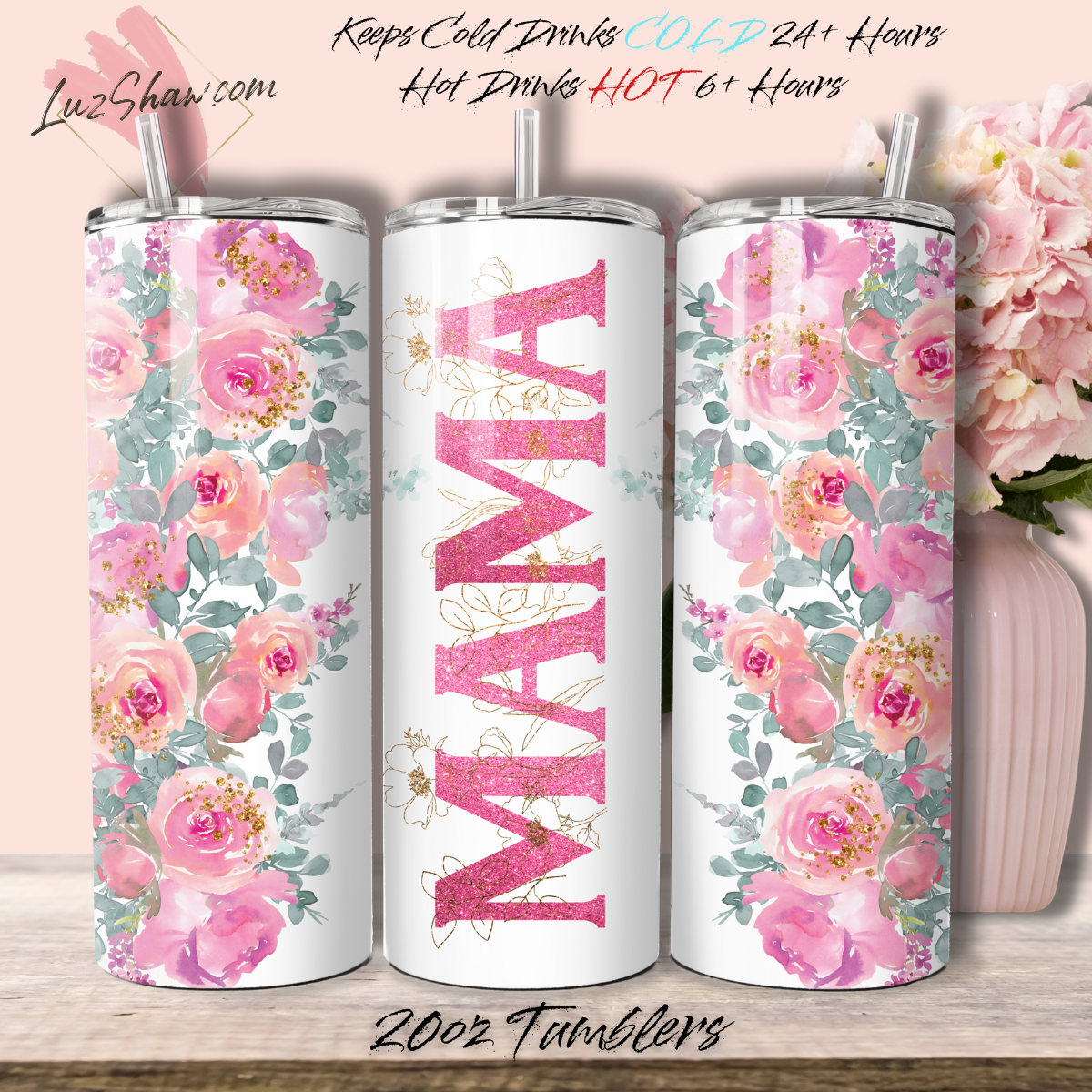Mom or Grandma Custom Floral 10 Design Options 20oz Stainless Steel Custom Sublimation Print Double Wall Vacuum Insulated Tumbler
