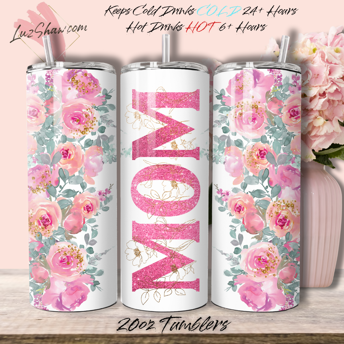Mom or Grandma Custom Floral 10 Design Options 20oz Stainless Steel Custom Sublimation Print Double Wall Vacuum Insulated Tumbler