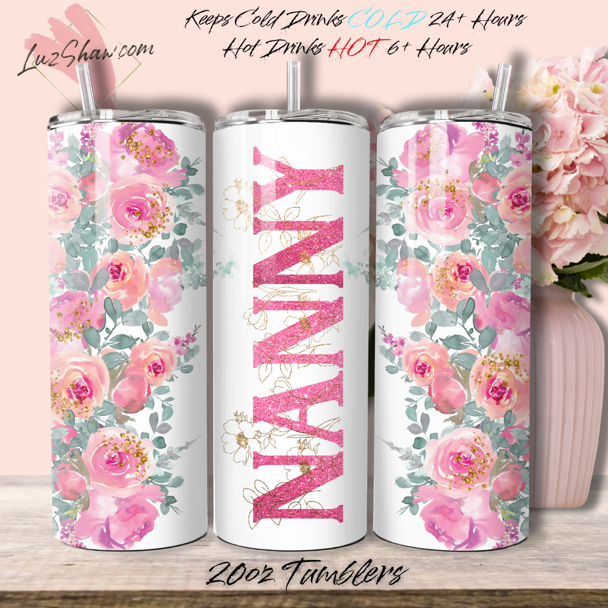 Mom or Grandma Custom Floral 10 Design Options 20oz Stainless Steel Custom Sublimation Print Double Wall Vacuum Insulated Tumbler