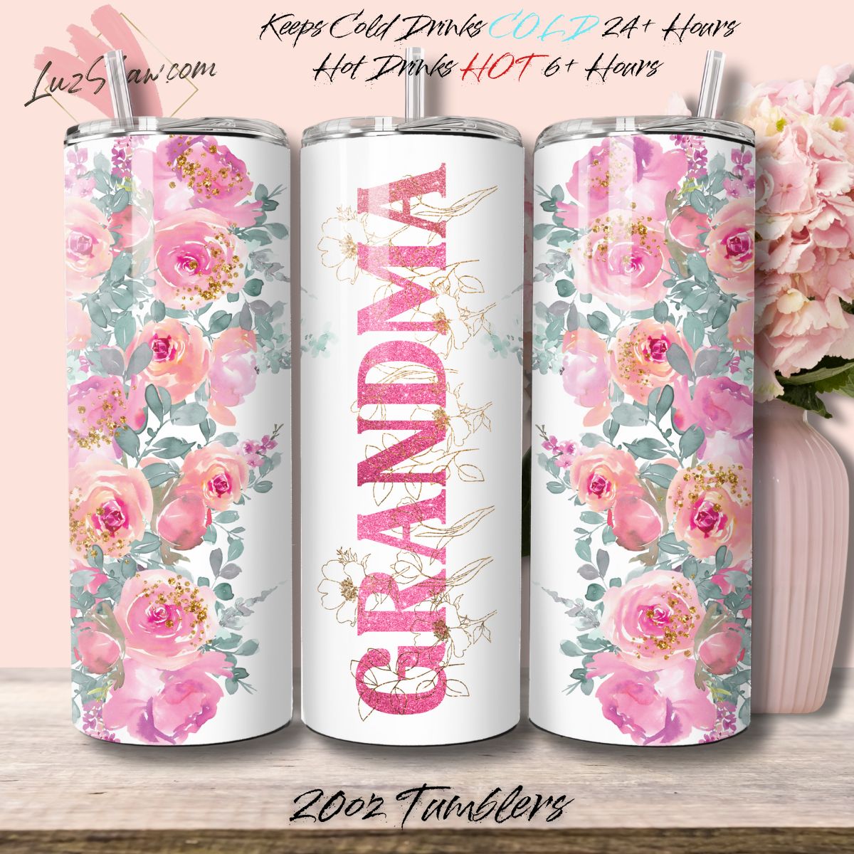 Mom or Grandma Custom Floral 10 Design Options 20oz Stainless Steel Custom Sublimation Print Double Wall Vacuum Insulated Tumbler