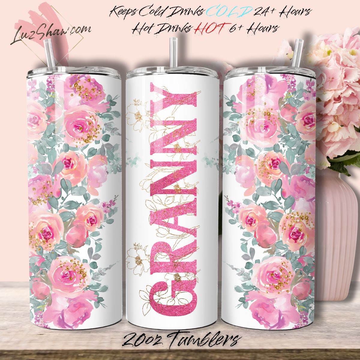 Mom or Grandma Custom Floral 10 Design Options 20oz Stainless Steel Custom Sublimation Print Double Wall Vacuum Insulated Tumbler