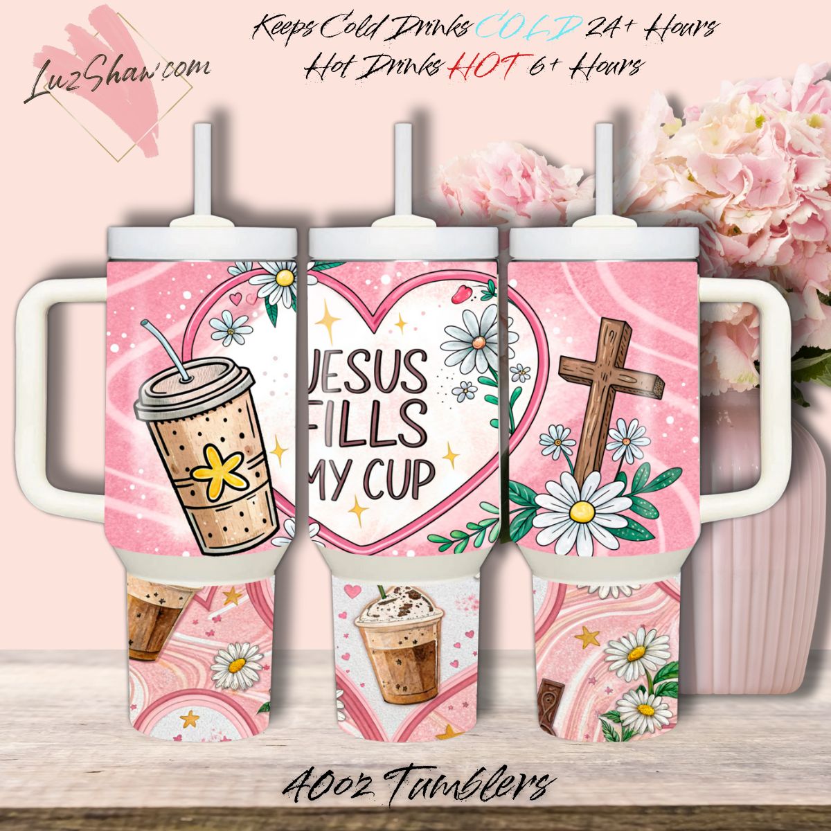 Jesus Fills My Cup Design 40oz Stainless Steel Custom Sublimation Print Double Wall Vacuum Insulated Tumbler