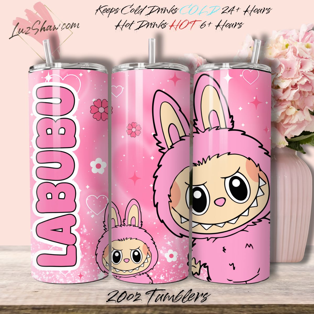 Pink Bunny Cartoon Character 20oz Stainless Steel Custom Sublimation Print Double Wall Vacuum Insulated Tumbler