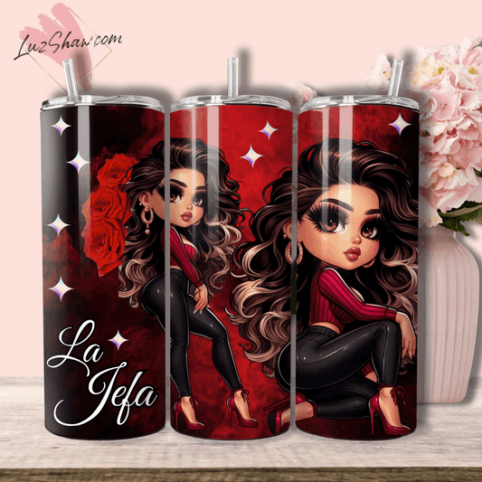 La Jefa Boss Lady Chibi Girl 20oz Stainless Steel Custom Sublimation Print Tumbler Double Wall Vacuum Insulated Boss Lady Design