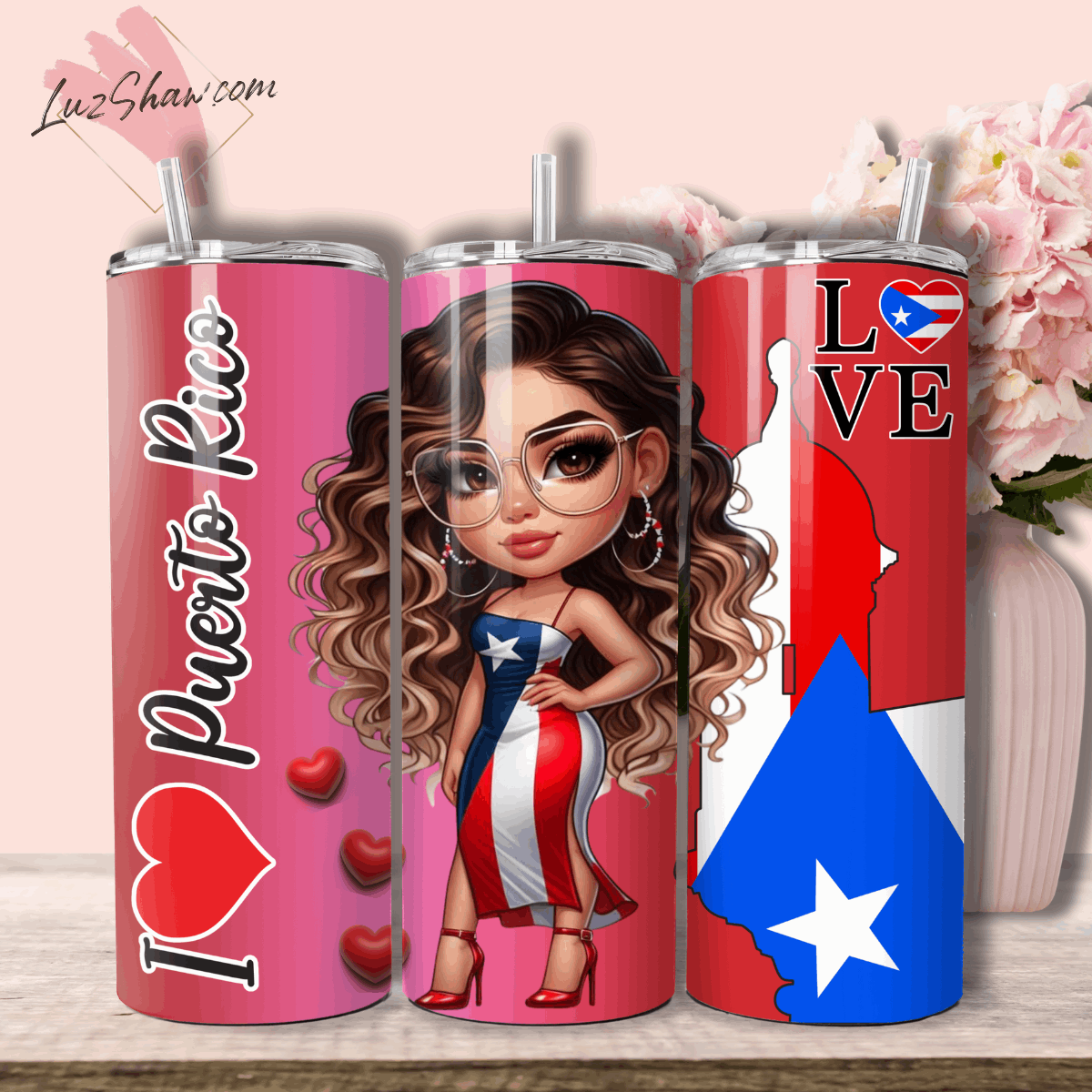 Puerto Rico Chibi Girl 3 Design Choices 20oz Stainless Steel Custom Sublimation Print Tumbler Double Wall Vacuum Insulated Chibi Girl Design