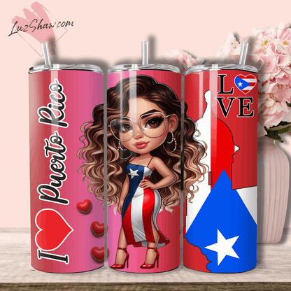 Puerto Rico Chibi Girl 3 Design Choices 20oz Stainless Steel Custom Sublimation Print Tumbler Double Wall Vacuum Insulated Chibi Girl Design